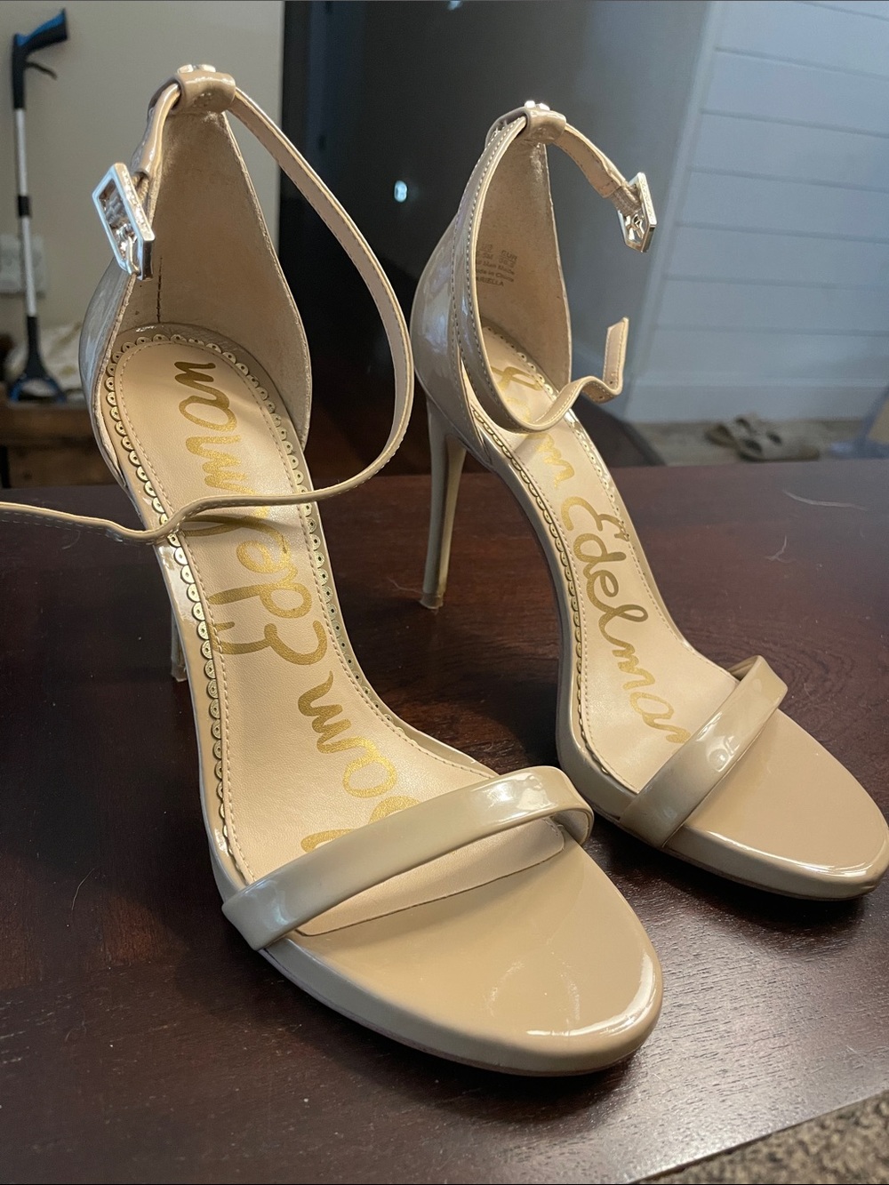 Sam Edelman Beige Patent Ankle-Strap Stiletto Sandals